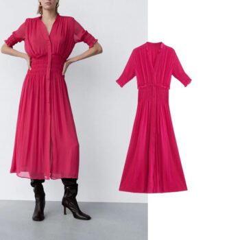 Vestido midi plisado con cintura elástica 1