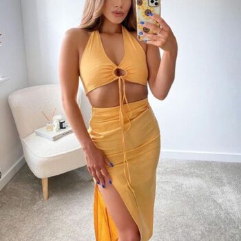 XEASY 2021 mujeres novedad de verano de lino Vintage cuello Halter con espalda descubierta superior Streetwear plisado cintura alta Split falda 1
