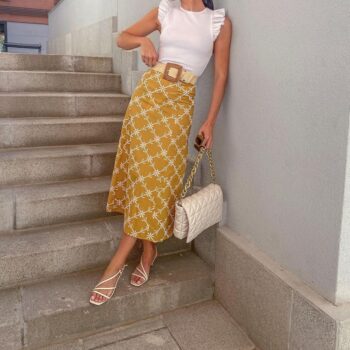 Falda midi bordada para mujer, falda larga informal de cintura alta, elegante, con cremallera oculta en la espalda, color amarillo 1